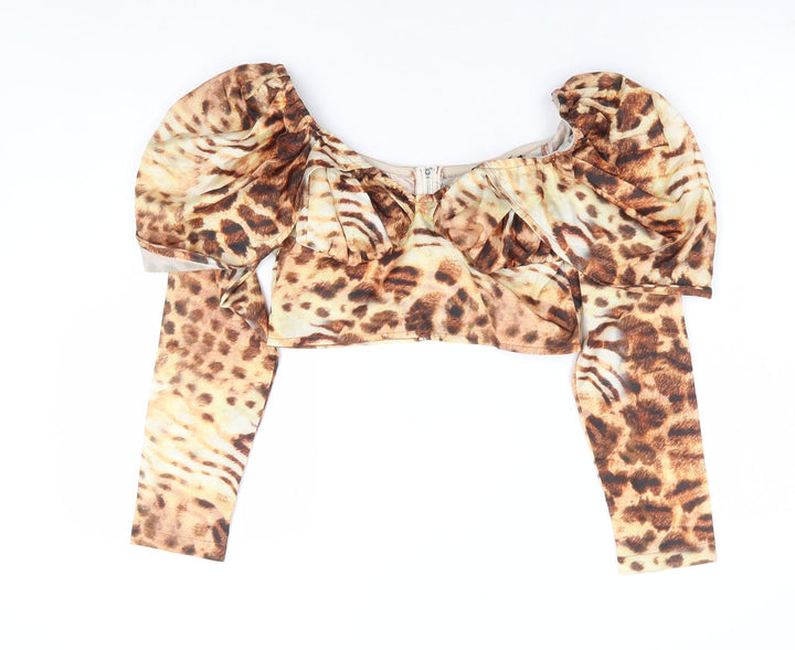 PRETTYLITTLETHING Womens Brown Animal Print Polyester Cropped Blouse Size 8 Boat Neck - Leopard Print