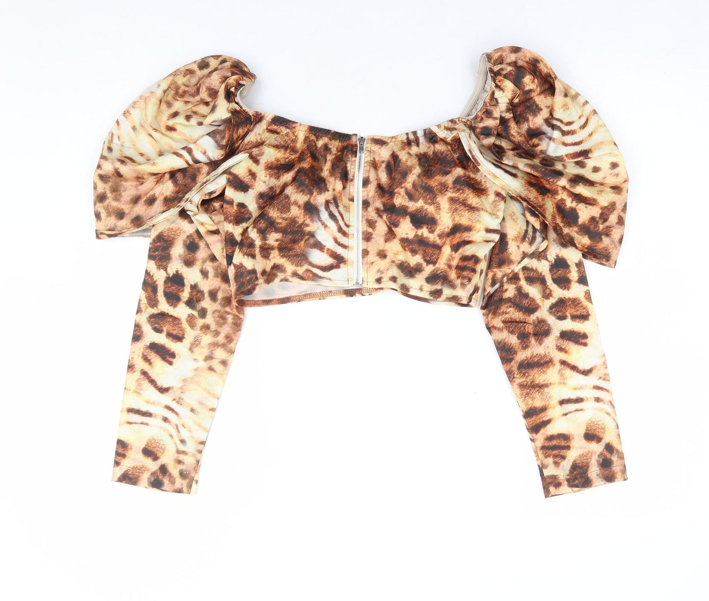 PRETTYLITTLETHING Womens Brown Animal Print Polyester Cropped Blouse Size 8 Boat Neck - Leopard Print