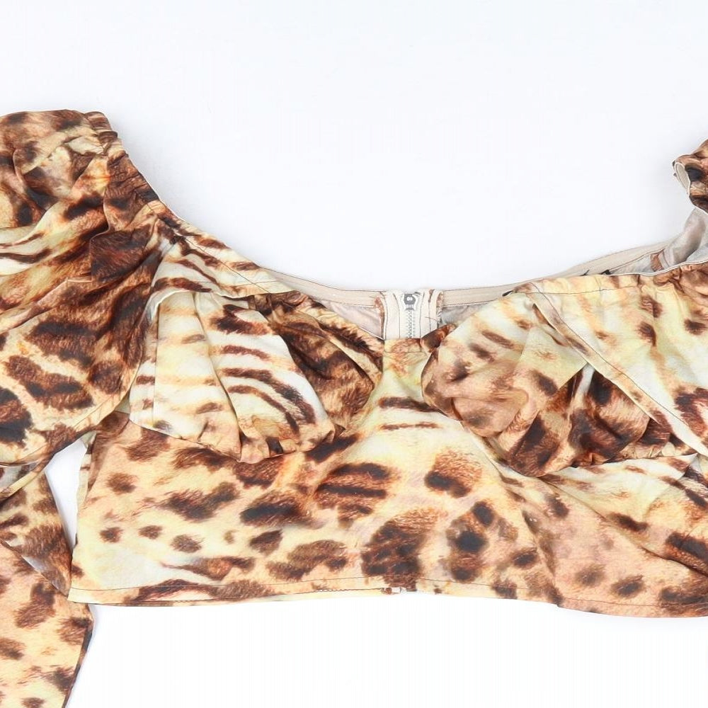 PRETTYLITTLETHING Womens Brown Animal Print Polyester Cropped Blouse Size 8 Boat Neck - Leopard Print