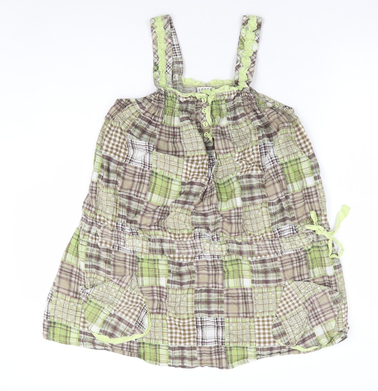 George Womens Green Plaid 100% Cotton Basic Tank Size 16 Square Neck