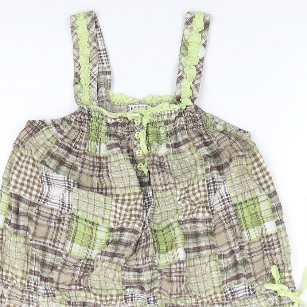 George Womens Green Plaid 100% Cotton Basic Tank Size 16 Square Neck