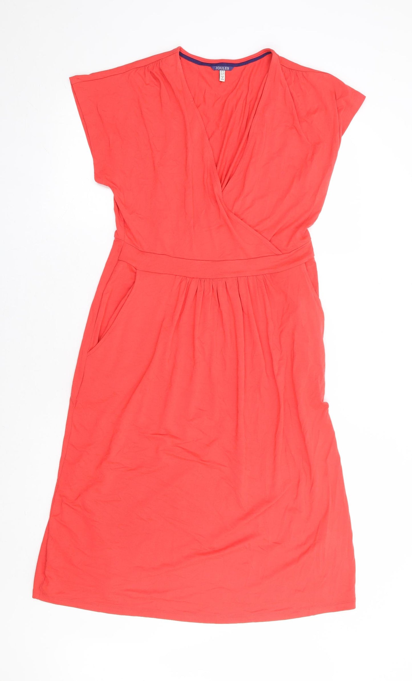 Joules Womens Red Viscose Wrap Dress Size 14 V-Neck Pullover - Faux Wrap