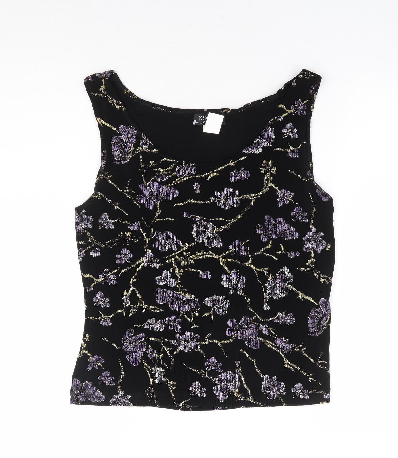Xscape Womens Black Floral Acetate Basic T-Shirt Size L Scoop Neck