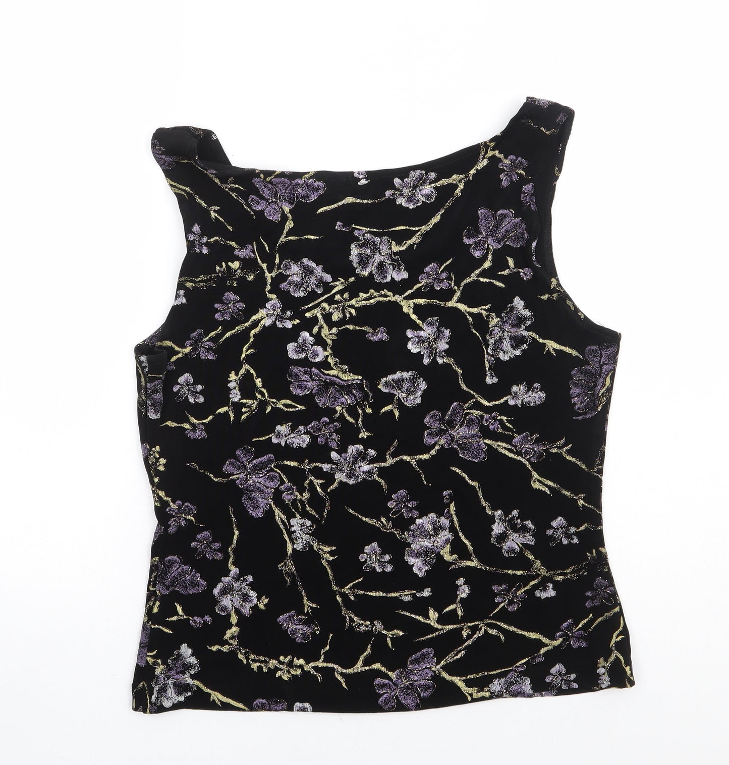 Xscape Womens Black Floral Acetate Basic T-Shirt Size L Scoop Neck