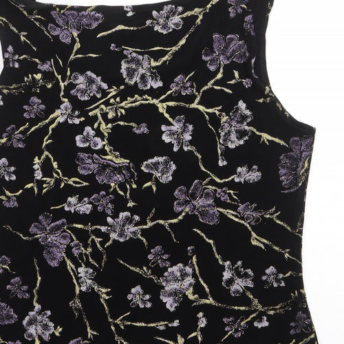 Xscape Womens Black Floral Acetate Basic T-Shirt Size L Scoop Neck