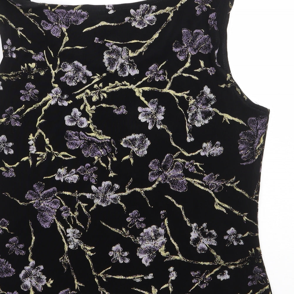 Xscape Womens Black Floral Acetate Basic T-Shirt Size L Scoop Neck