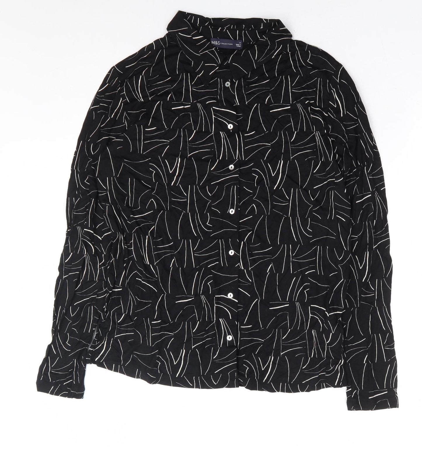 Marks and Spencer Womens Black Geometric Viscose Basic Button-Up Size 12 Collared