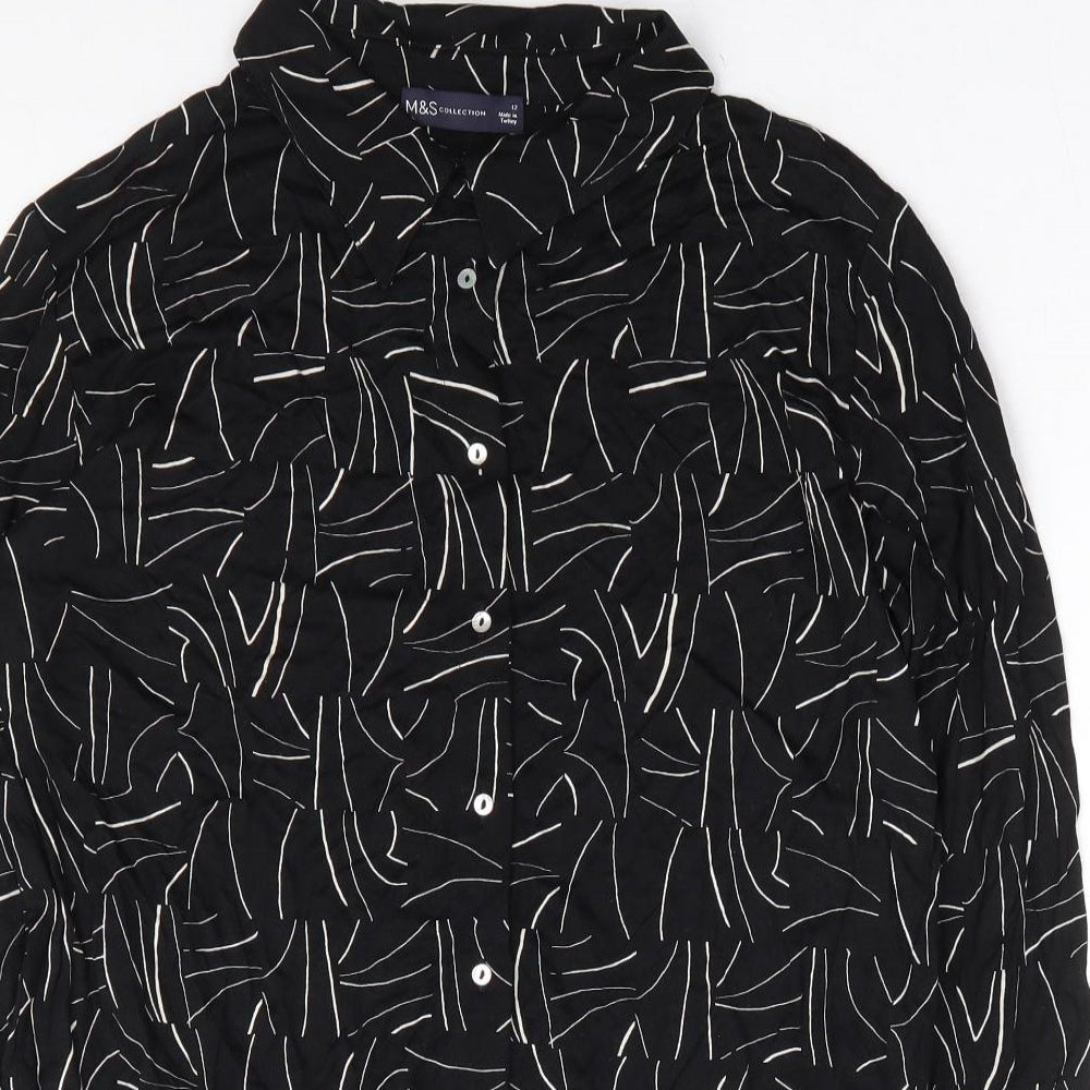 Marks and Spencer Womens Black Geometric Viscose Basic Button-Up Size 12 Collared