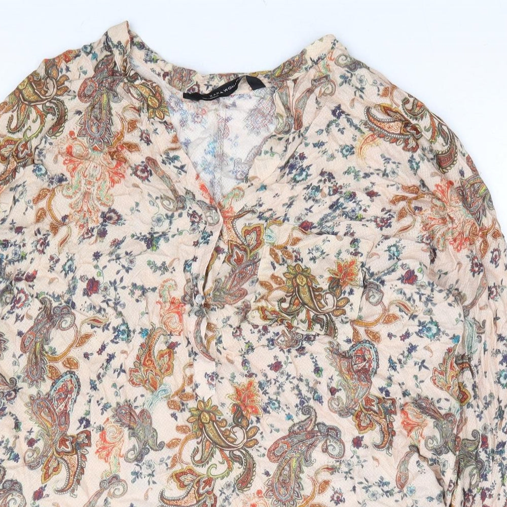 Zara Womens Multicoloured Floral Polyester Basic Blouse Size M V-Neck