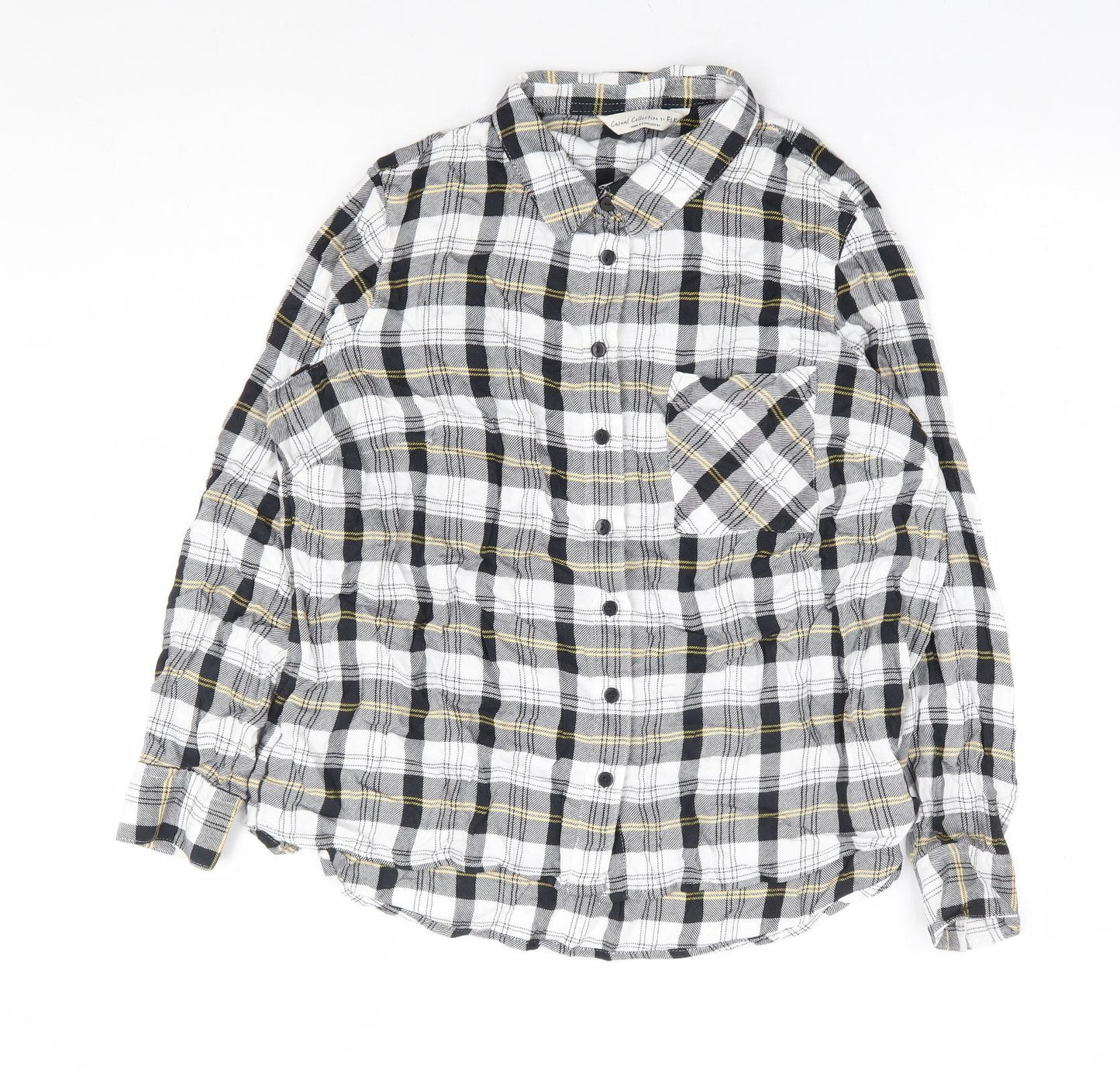 F&F Womens Black Plaid Viscose Basic Button-Up Size 12 Collared