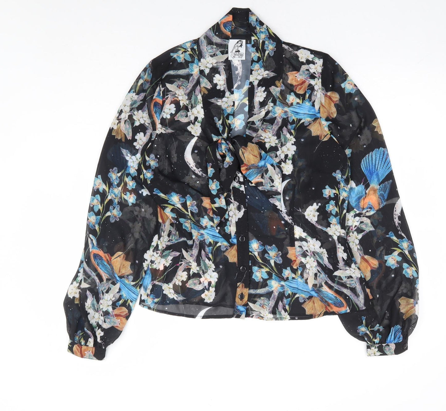 Hell Bunny Womens Black Floral Polyester Basic Button-Up Size S V-Neck - Pussy Bow Neck
