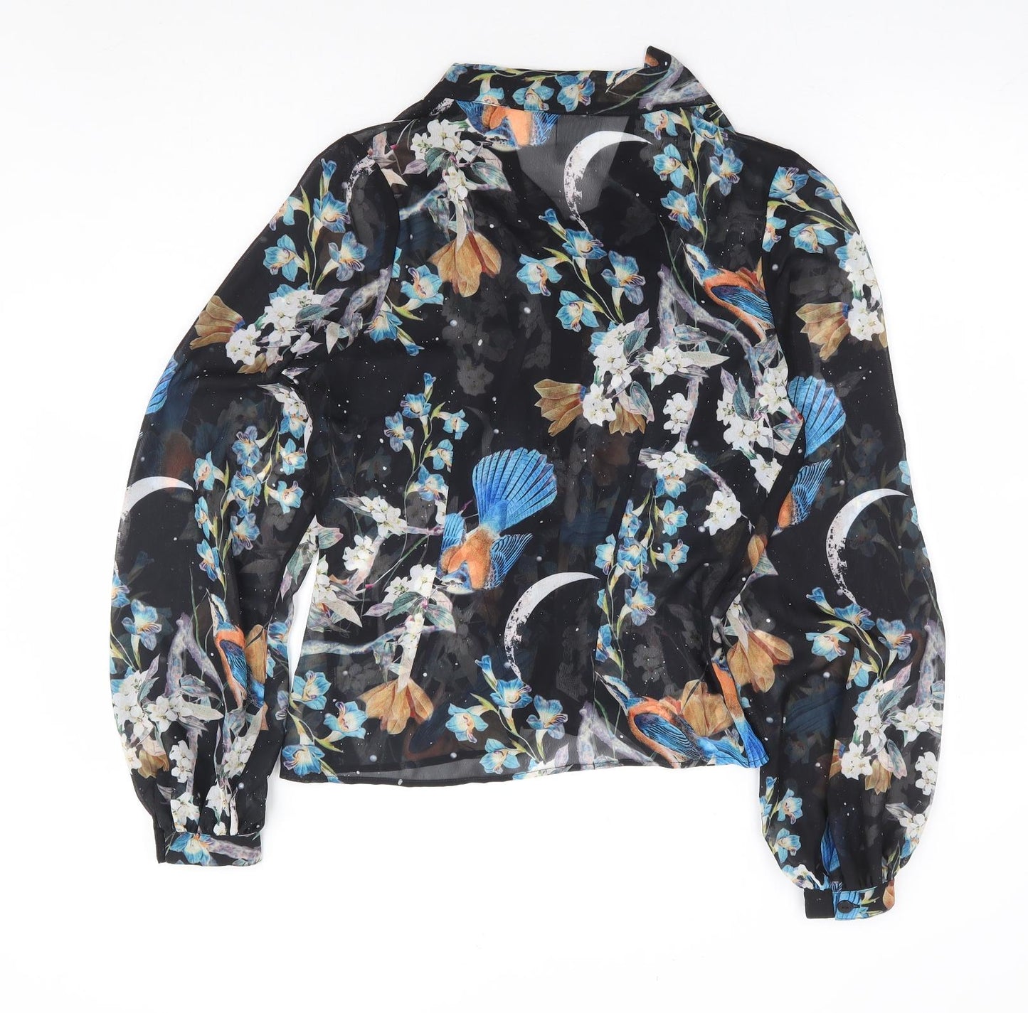 Hell Bunny Womens Black Floral Polyester Basic Button-Up Size S V-Neck - Pussy Bow Neck