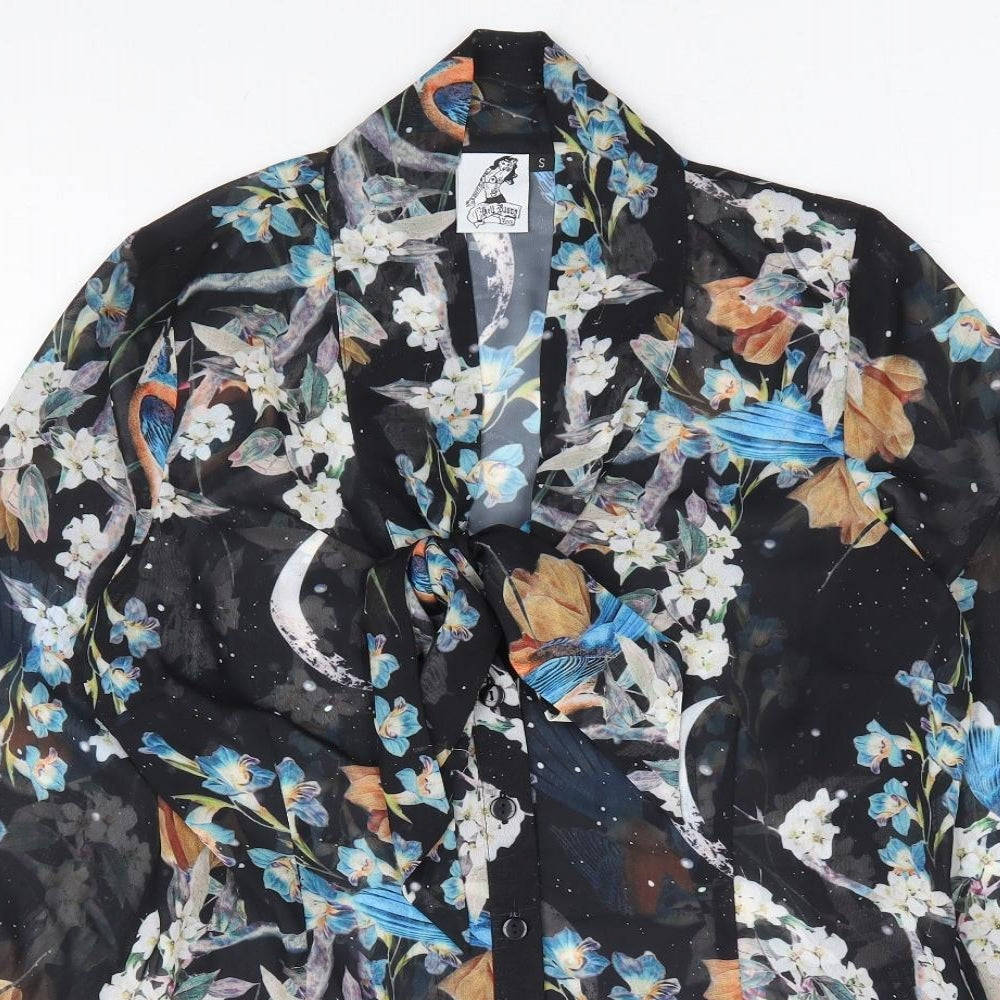 Hell Bunny Womens Black Floral Polyester Basic Button-Up Size S V-Neck - Pussy Bow Neck