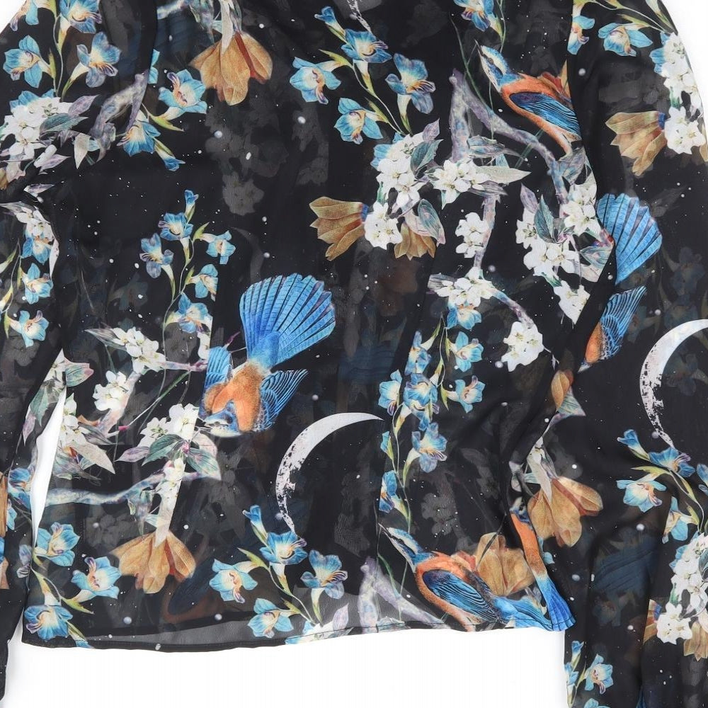 Hell Bunny Womens Black Floral Polyester Basic Button-Up Size S V-Neck - Pussy Bow Neck