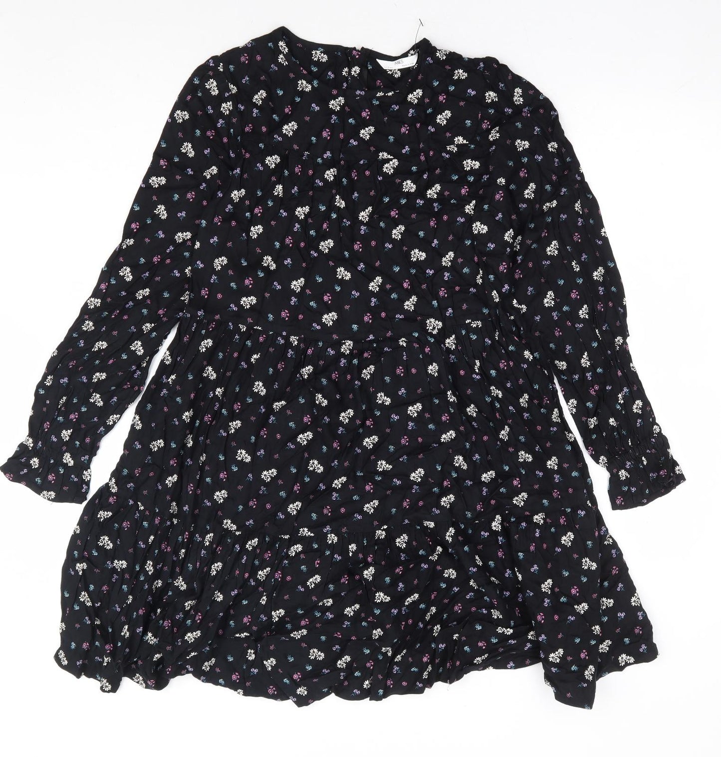 Marks and Spencer Girls Black Floral Viscose Fit & Flare Size 12-13 Years Round Neck Zip - Tiered