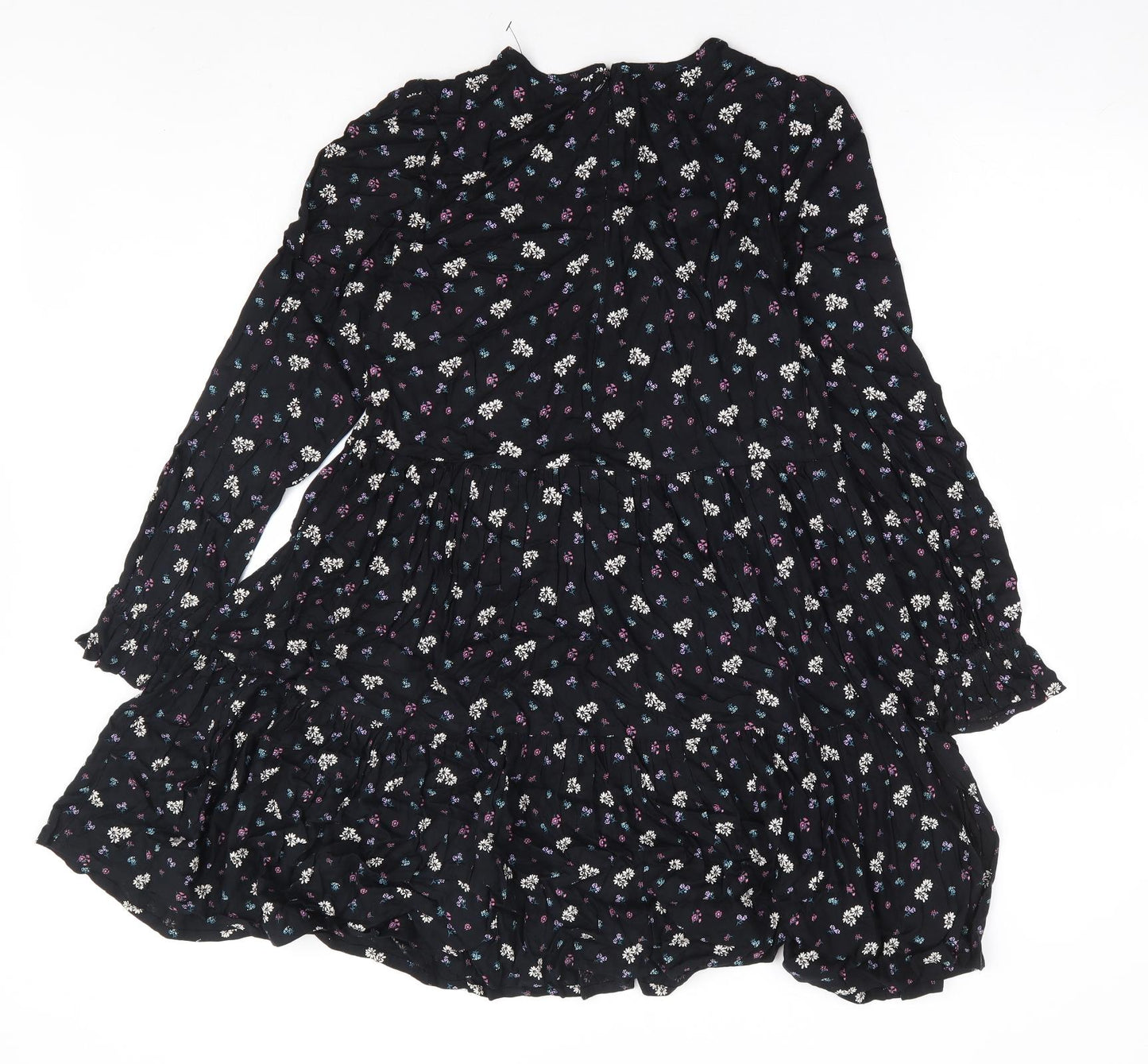 Marks and Spencer Girls Black Floral Viscose Fit & Flare Size 12-13 Years Round Neck Zip - Tiered