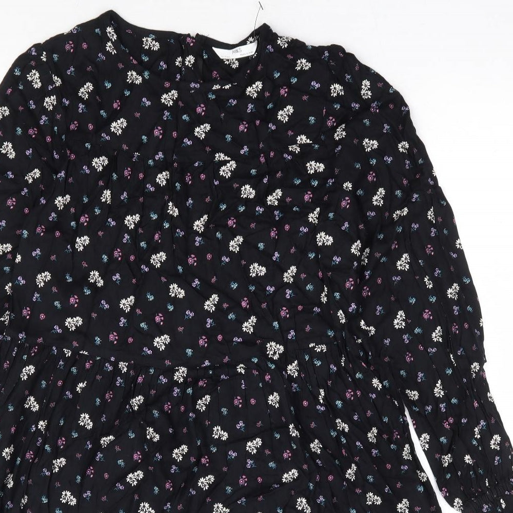 Marks and Spencer Girls Black Floral Viscose Fit & Flare Size 12-13 Years Round Neck Zip - Tiered