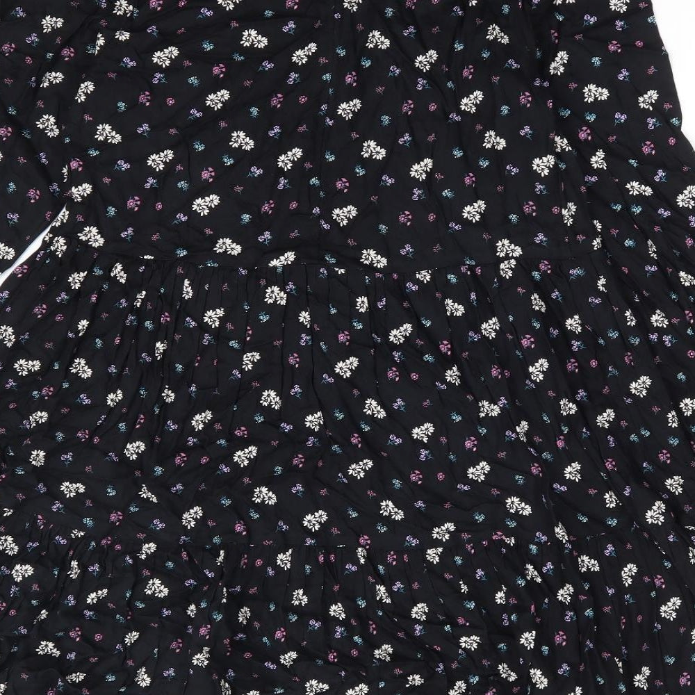 Marks and Spencer Girls Black Floral Viscose Fit & Flare Size 12-13 Years Round Neck Zip - Tiered