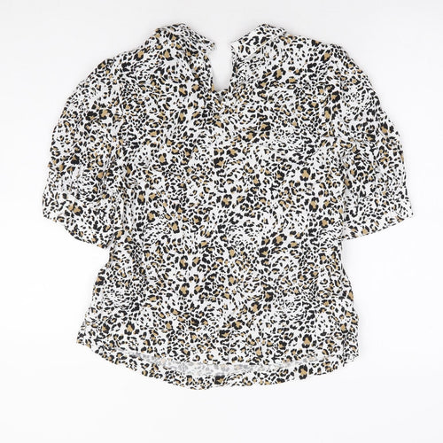Marks and Spencer Womens White Animal Print Viscose Basic Blouse Size 8 Collared - Leopard Print