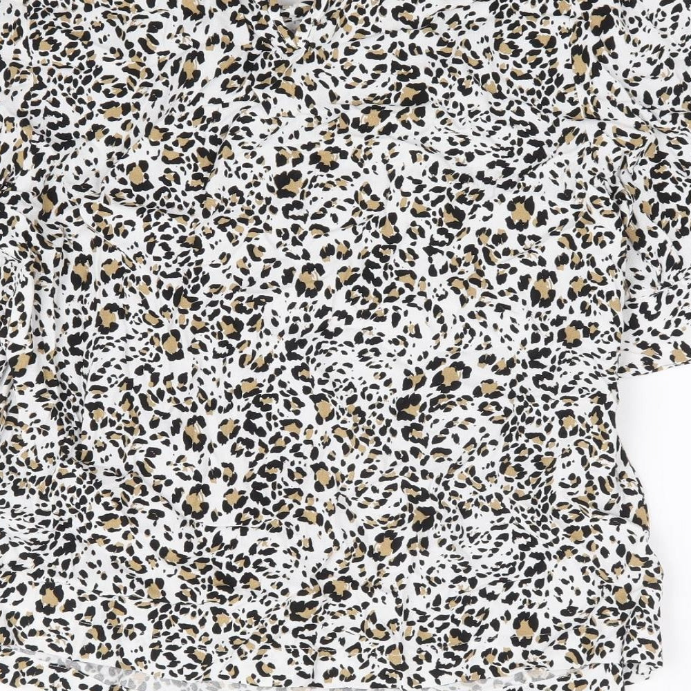 Marks and Spencer Womens White Animal Print Viscose Basic Blouse Size 8 Collared - Leopard Print