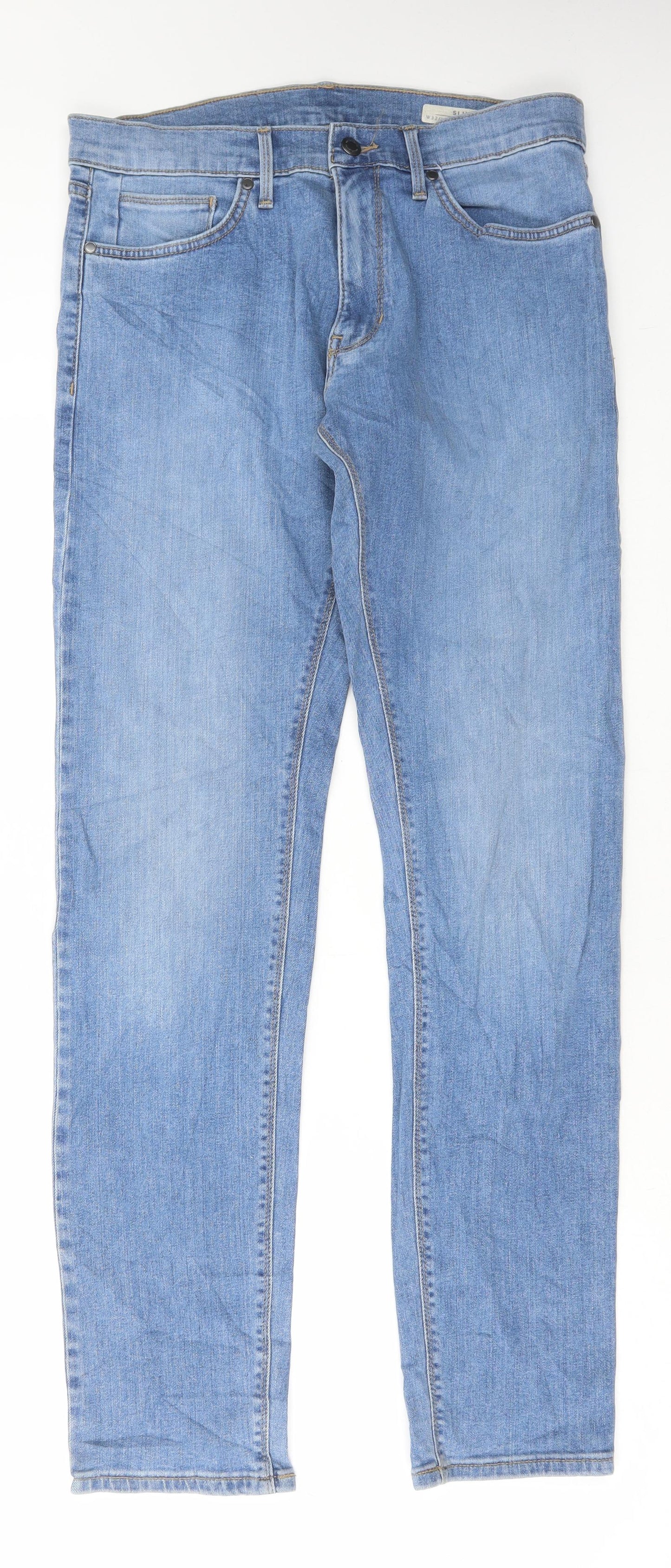 Marks and Spencer Mens Blue Cotton Straight Jeans Size 32 in L33 in Regular Button