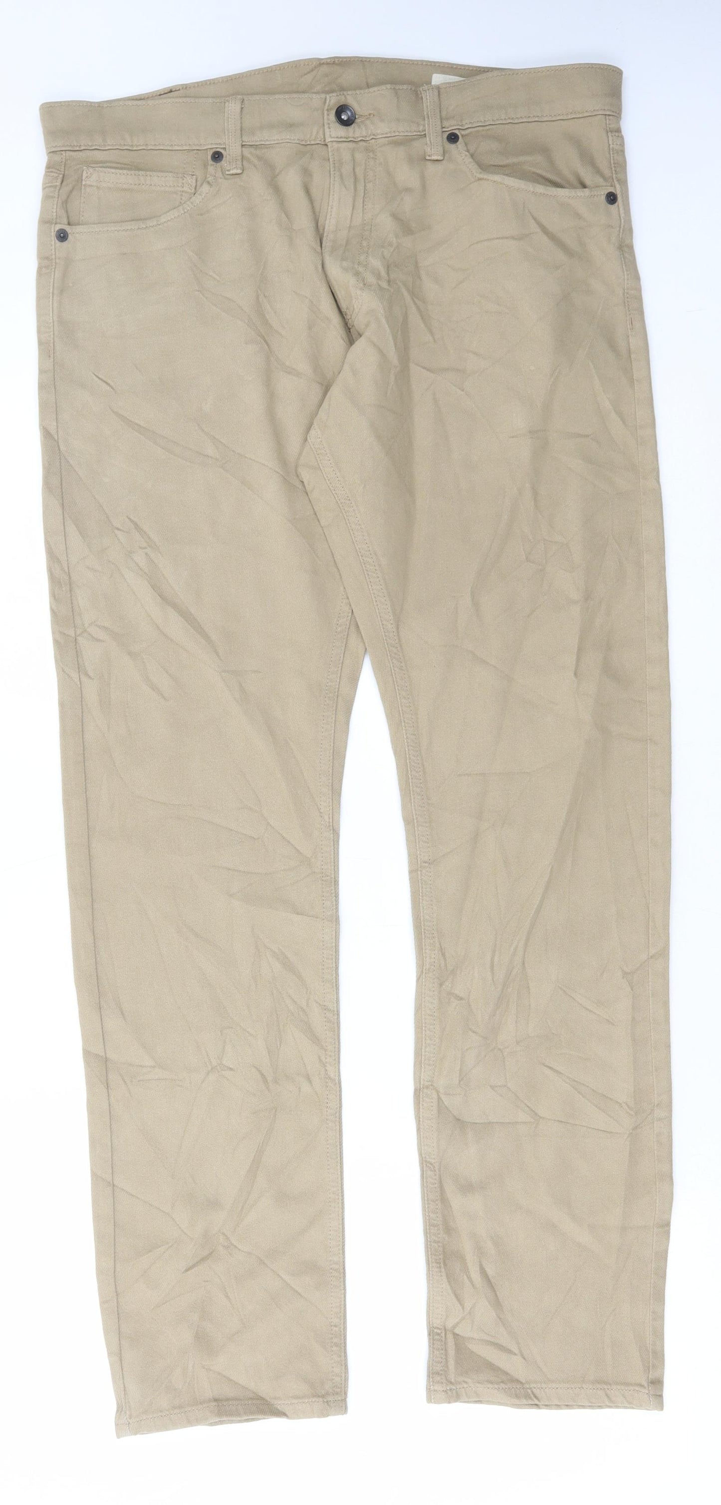 Marks and Spencer Mens Beige Cotton Straight Jeans Size 36 in L31 in Regular Button