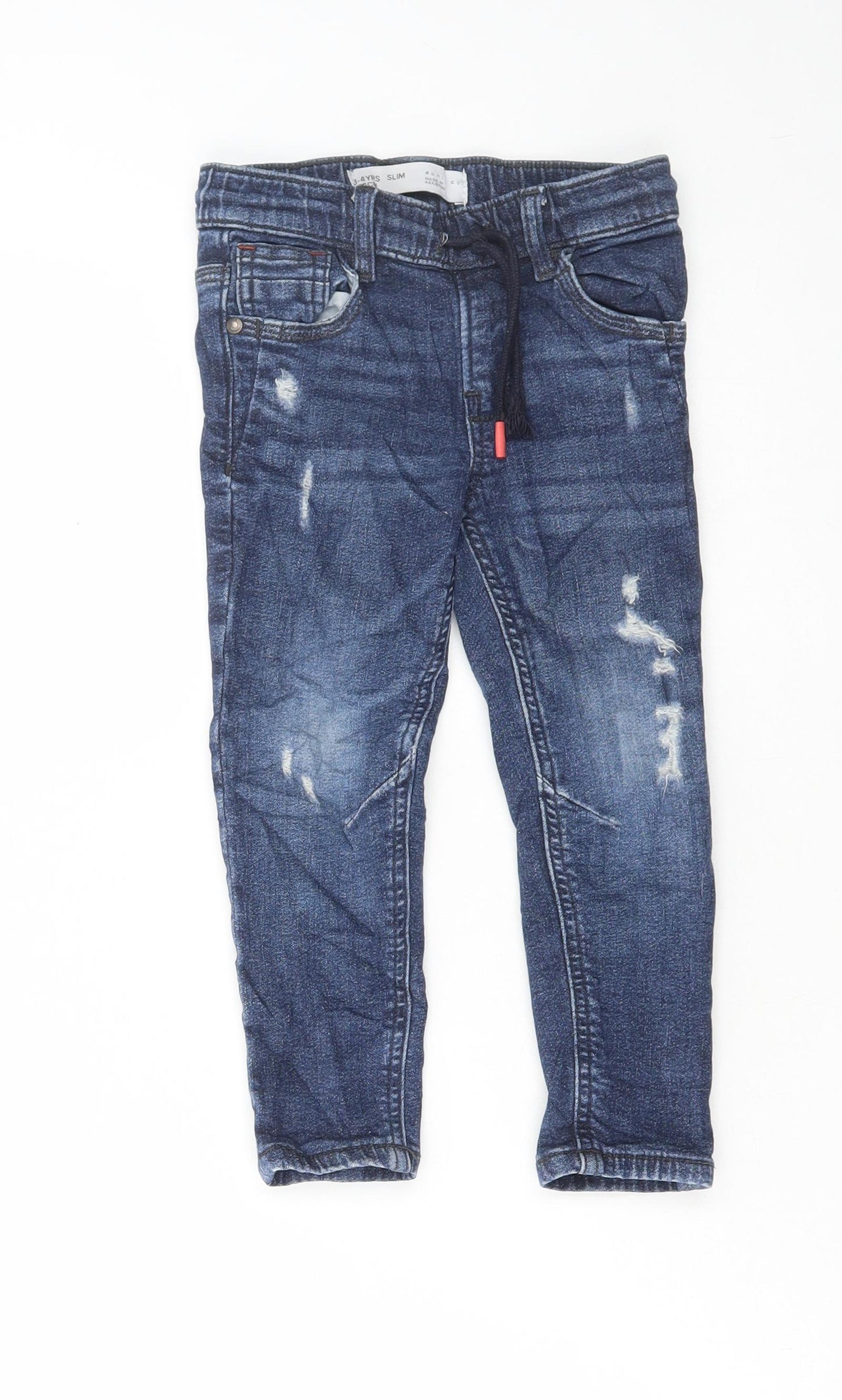 Denim & Co. Boys Blue Cotton Jegging Jeans Size 3-4 Years Regular Drawstring - Distressed