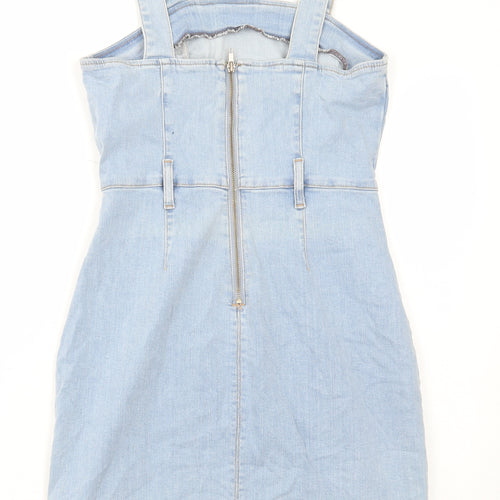 Denim & Co. Womens Blue Cotton Pinafore/Dungaree Dress Size 10 Square Neck Zip