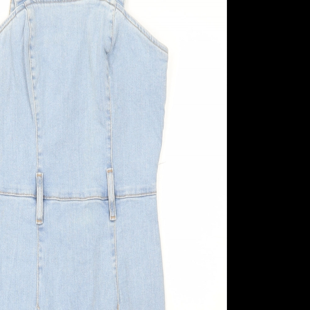Denim & Co. Womens Blue Cotton Pinafore/Dungaree Dress Size 10 Square Neck Zip