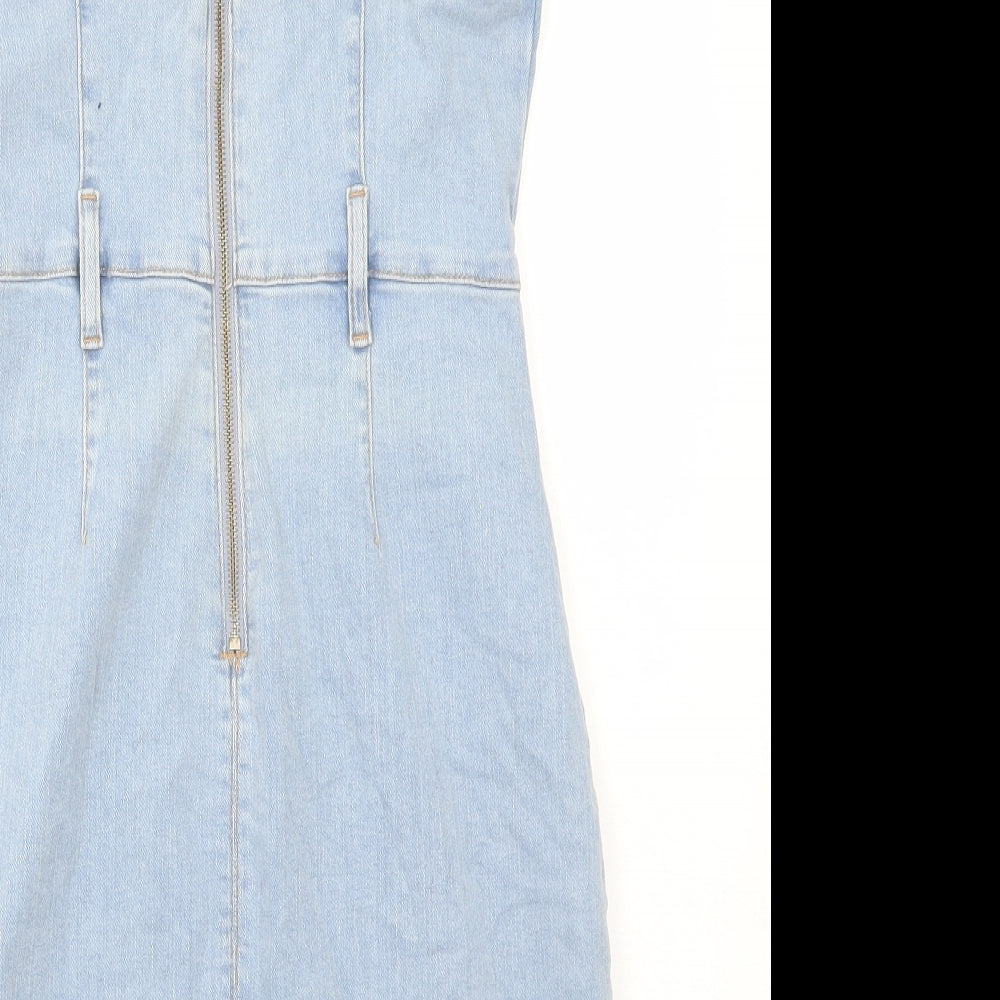 Denim & Co. Womens Blue Cotton Pinafore/Dungaree Dress Size 10 Square Neck Zip