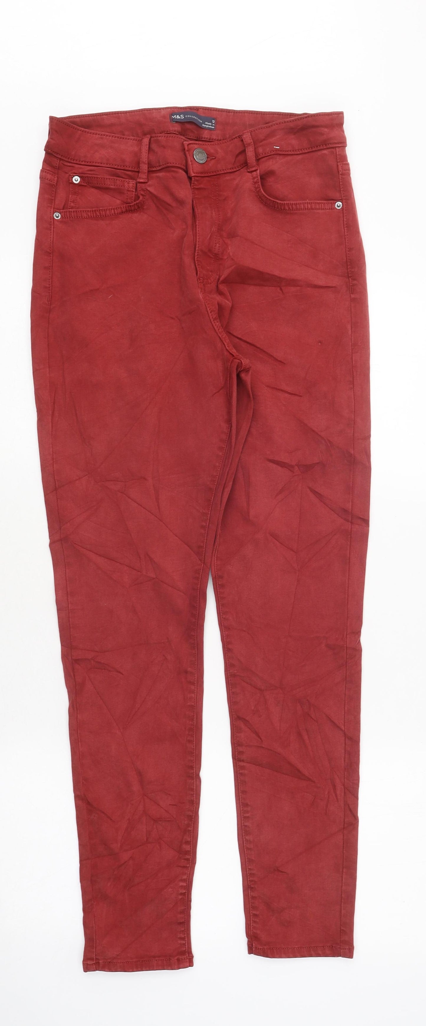 Marks and Spencer Womens Red Cotton Skinny Jeans Size 12 L36 in Regular Zip