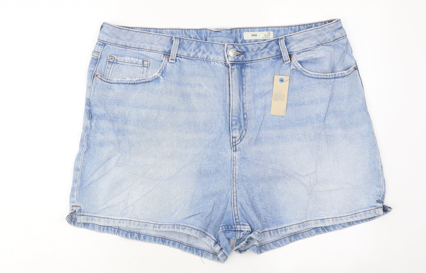 Marks and Spencer Womens Blue Cotton Hot Pants Shorts Size 20 L15 in Regular Zip - Mom