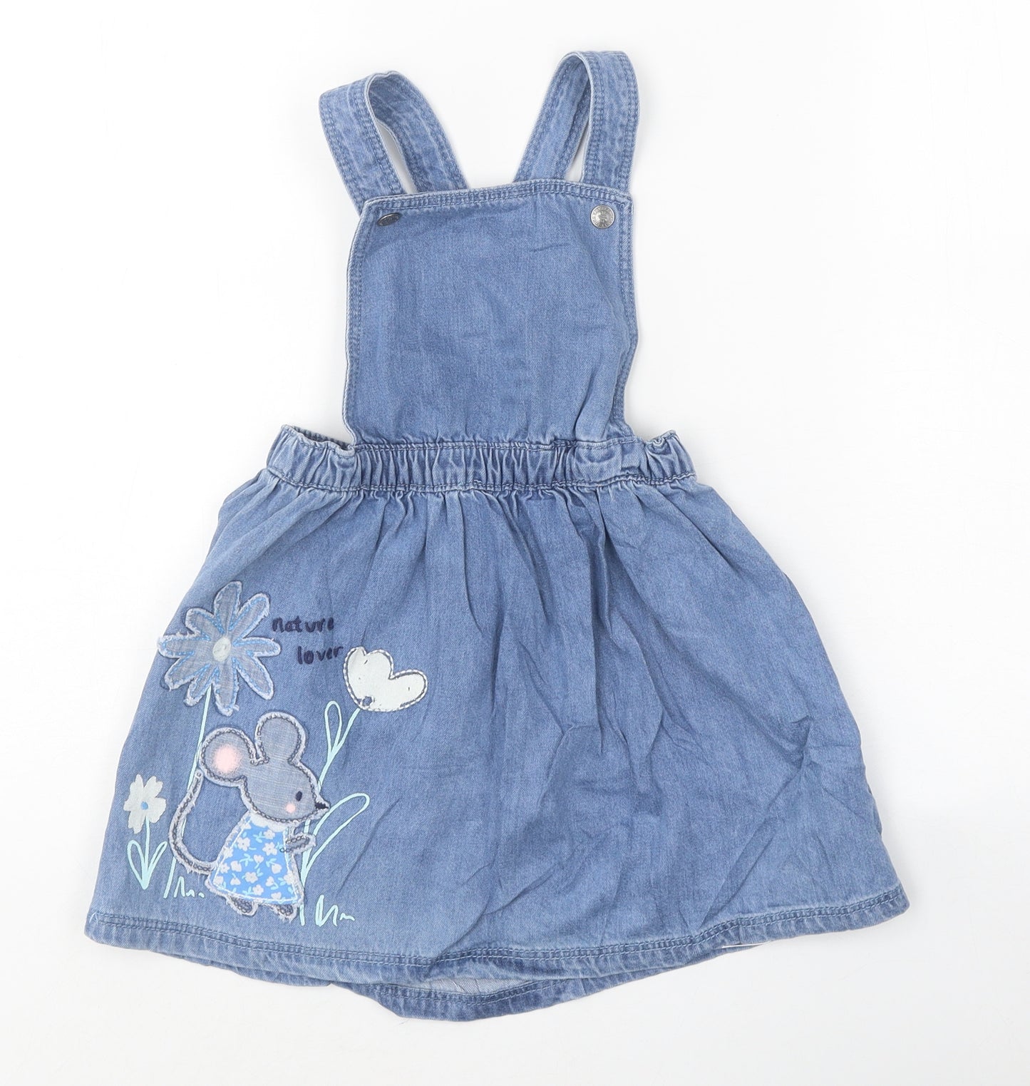 Marks and Spencer Girls Blue 100% Cotton Pinafore/Dungaree Dress Size 3-4 Years Square Neck Magnetic - Mouse