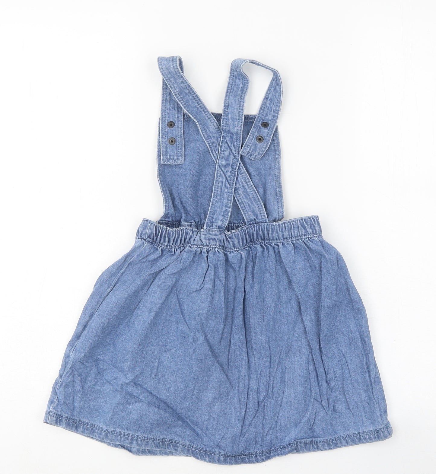 Marks and Spencer Girls Blue 100% Cotton Pinafore/Dungaree Dress Size 3-4 Years Square Neck Magnetic - Mouse