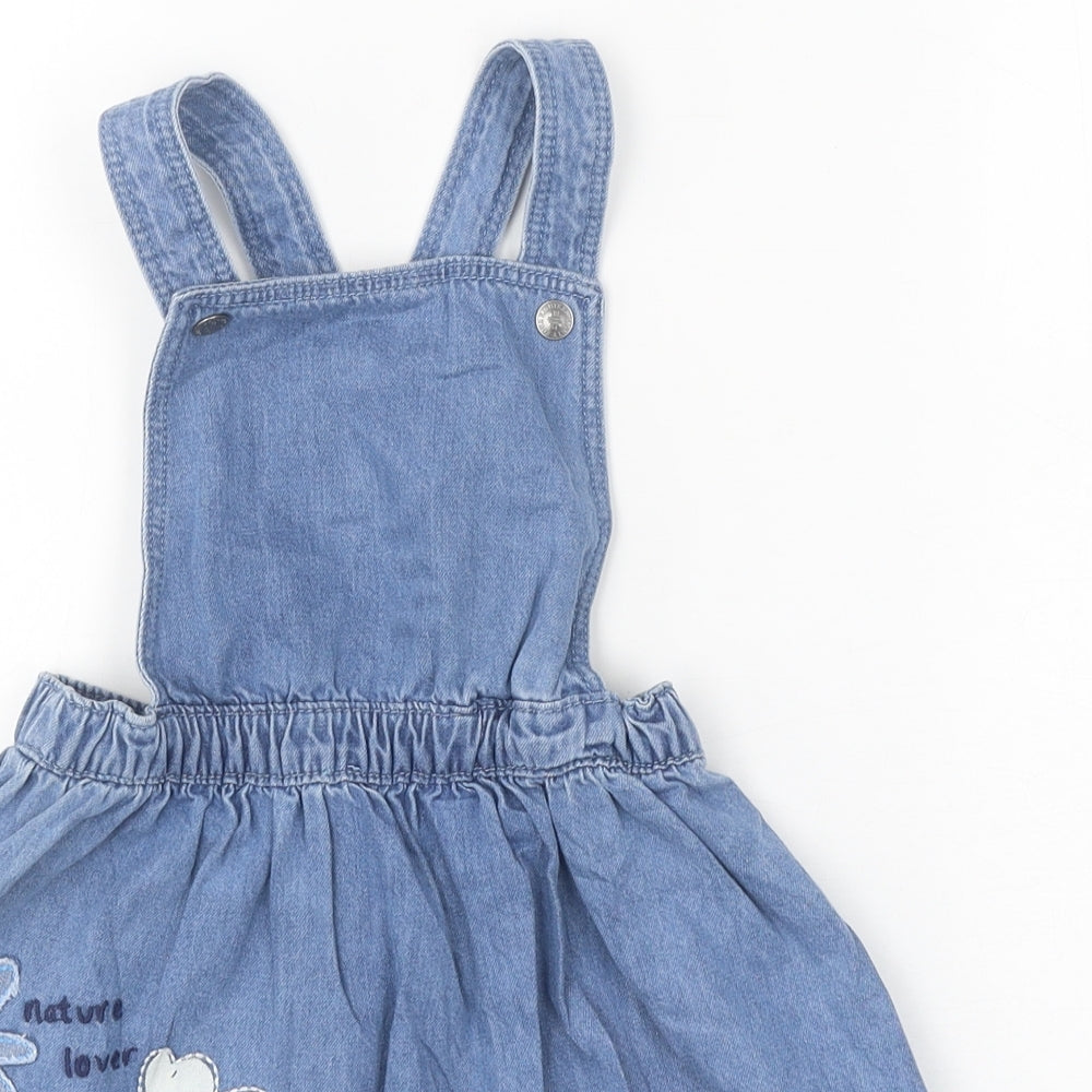 Marks and Spencer Girls Blue 100% Cotton Pinafore/Dungaree Dress Size 3-4 Years Square Neck Magnetic - Mouse