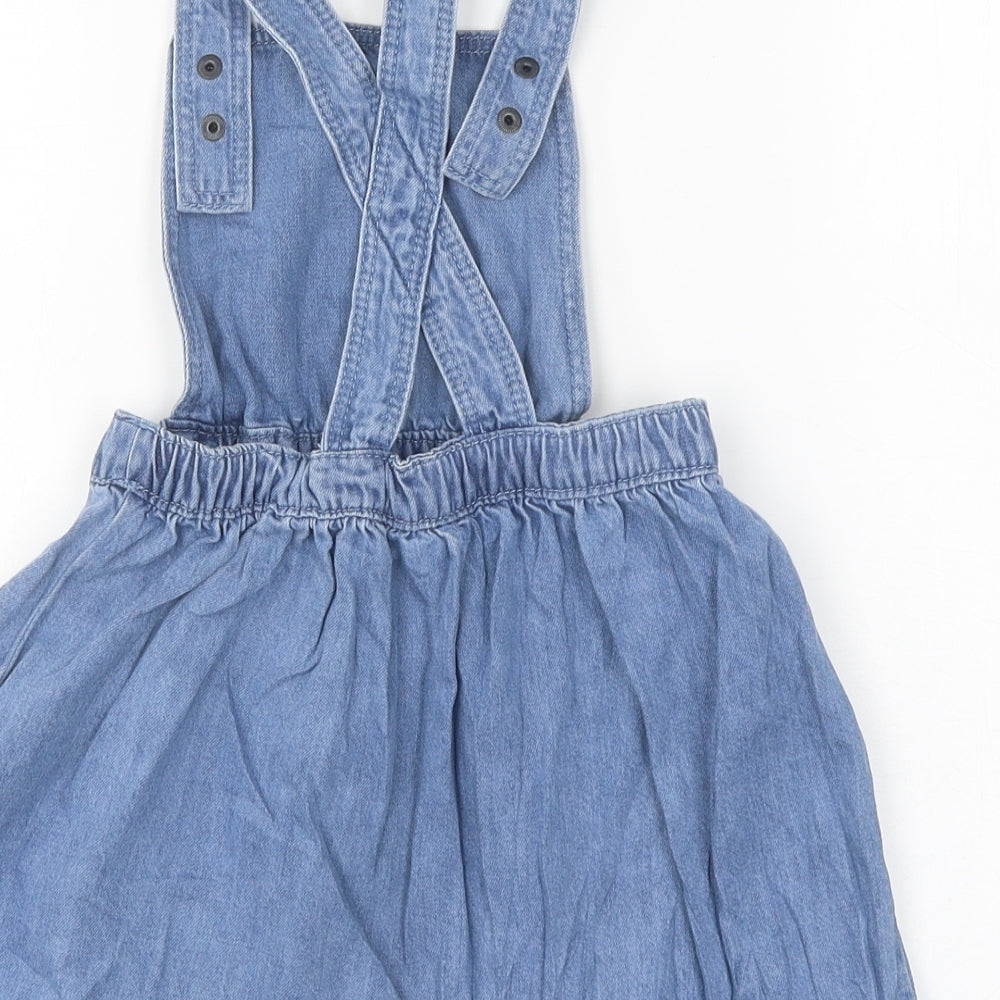 Marks and Spencer Girls Blue 100% Cotton Pinafore/Dungaree Dress Size 3-4 Years Square Neck Magnetic - Mouse