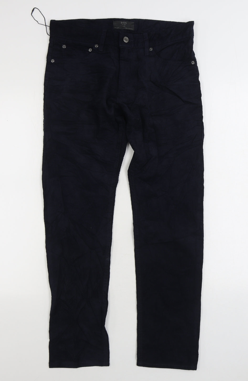 Marks and Spencer Mens Blue Cotton Trousers Size 30 in L29 in Regular Zip