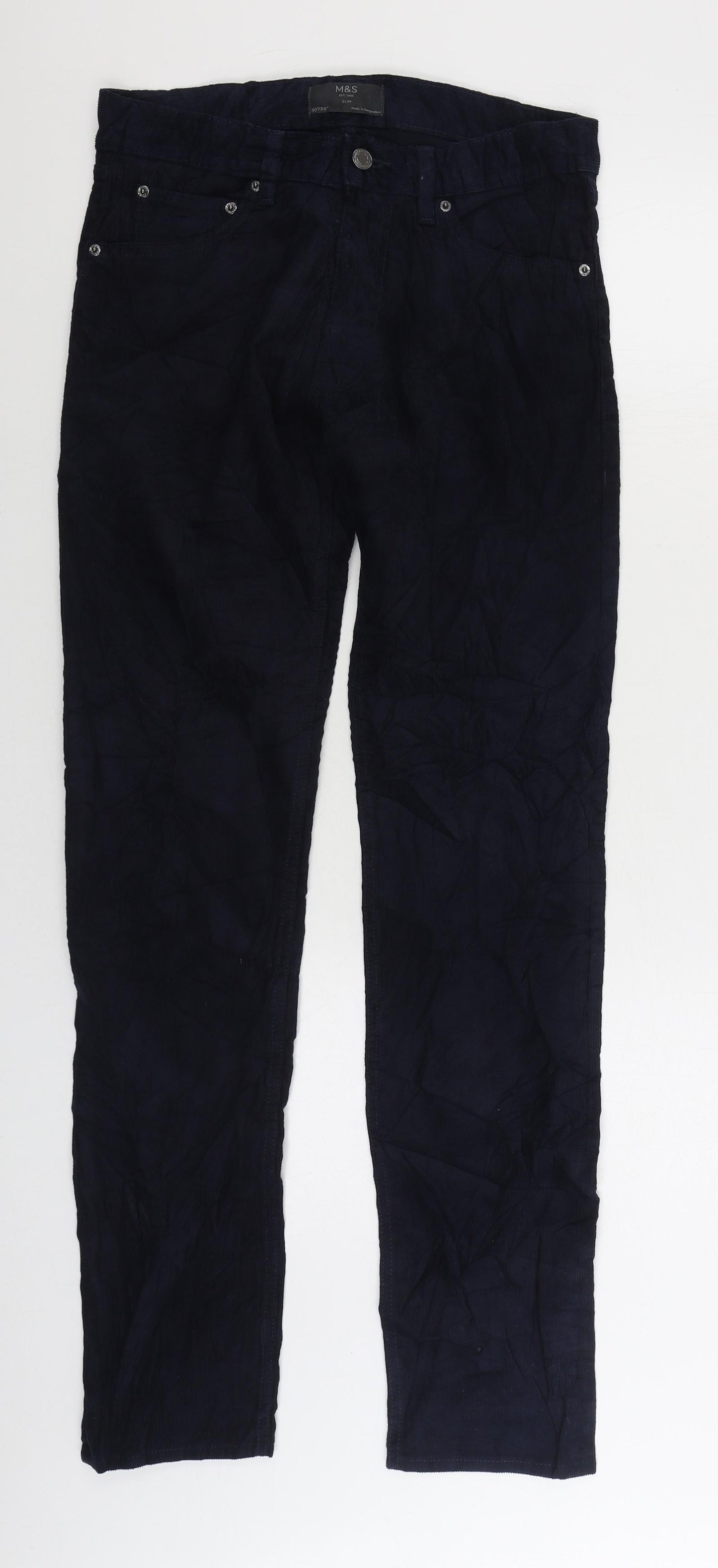 Marks and Spencer Mens Blue Cotton Trousers Size 30 in L33 in Regular Snap