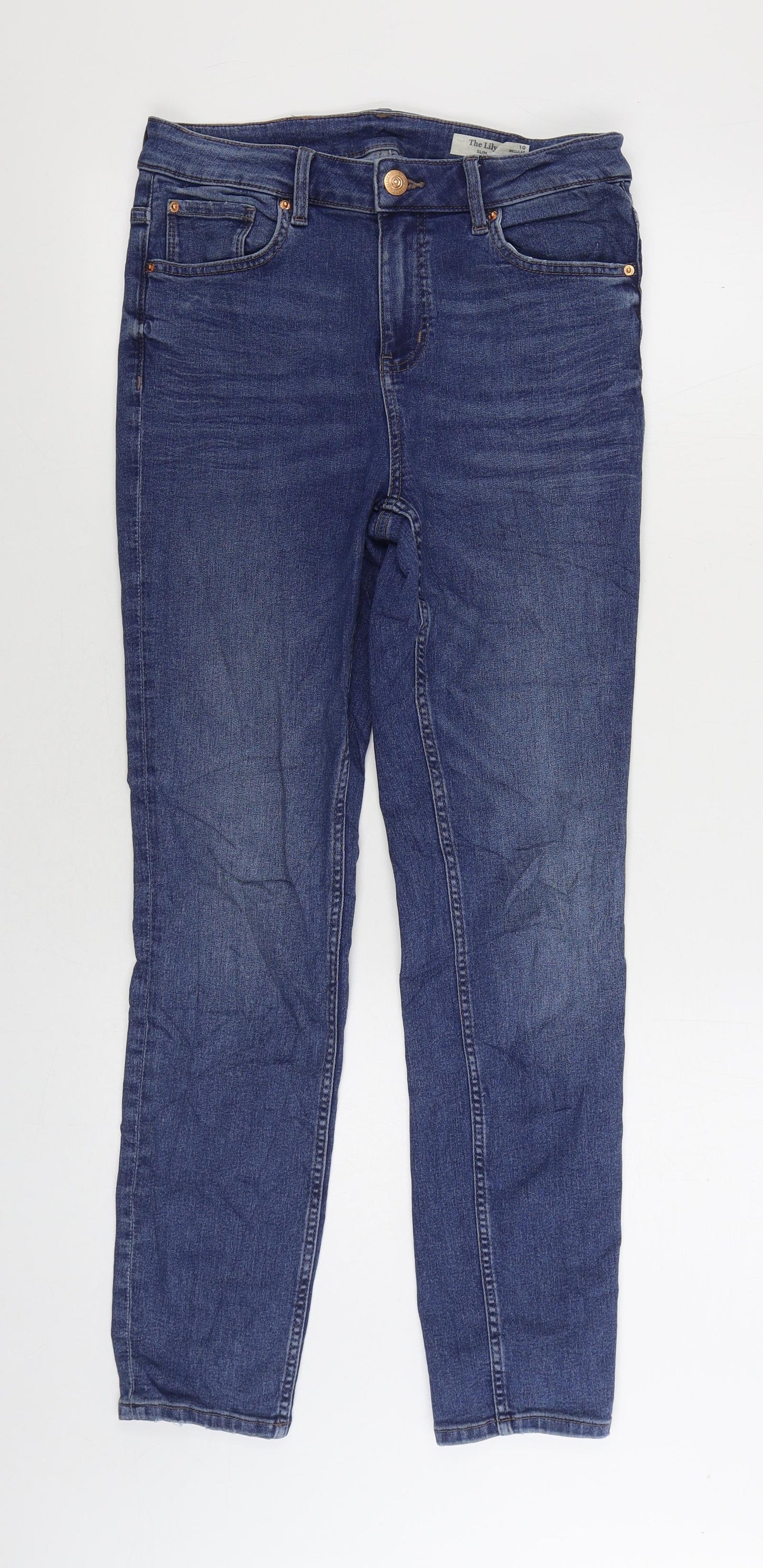 Marks and Spencer Womens Blue Cotton Straight Jeans Size 10 L28 in Slim Zip