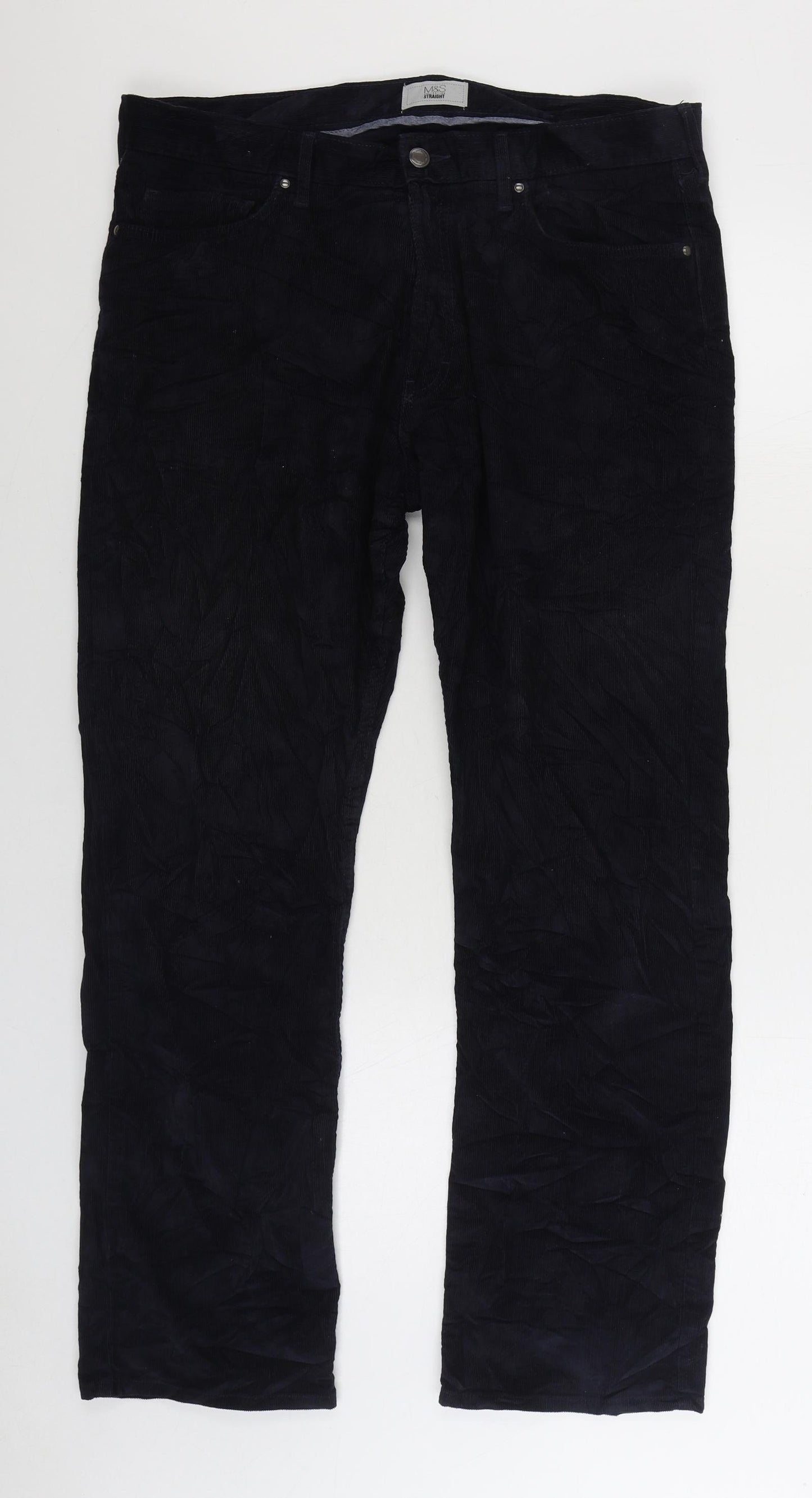 Marks and Spencer Mens Blue Cotton Trousers Size 36 in L31 in Regular Zip