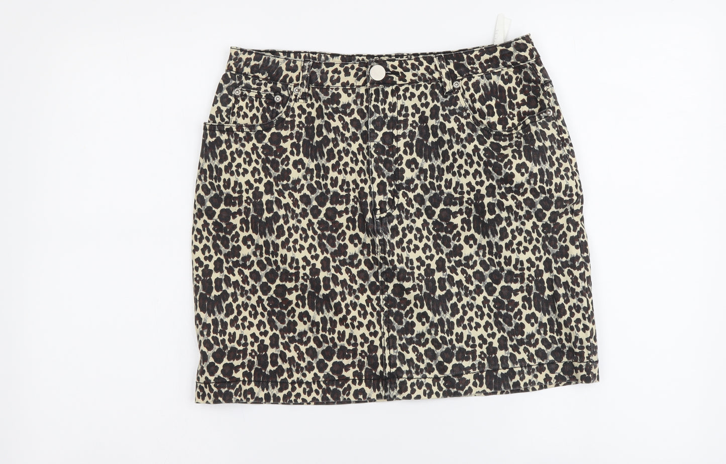 PRETTYLITTLETHING Womens Beige Animal Print Cotton Mini Skirt Size 14 Button - Leopard pattern