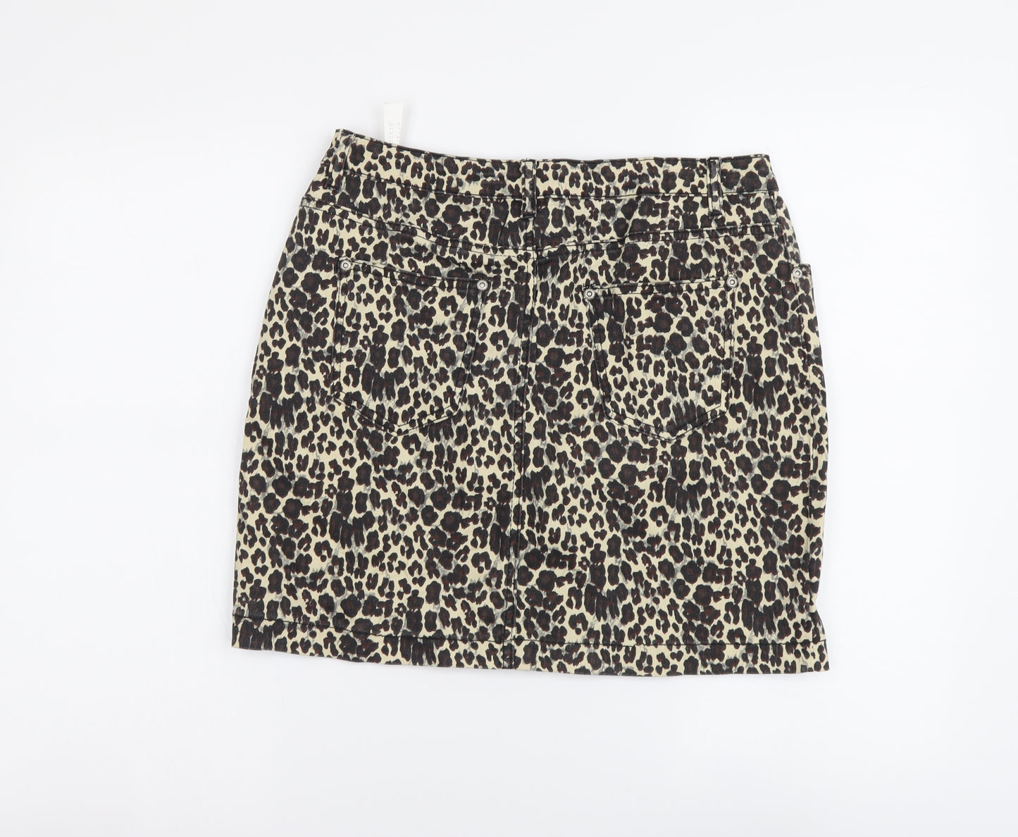PRETTYLITTLETHING Womens Beige Animal Print Cotton Mini Skirt Size 14 Button - Leopard pattern