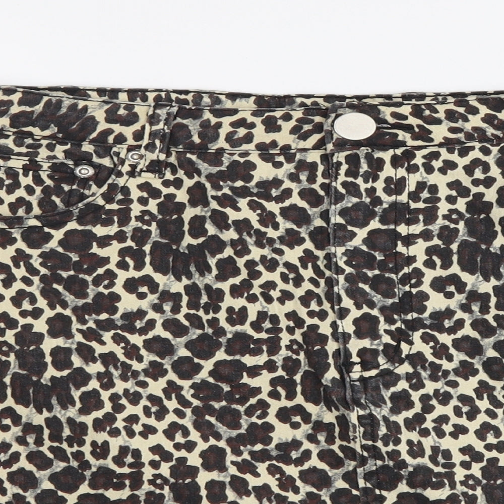 PRETTYLITTLETHING Womens Beige Animal Print Cotton Mini Skirt Size 14 Button - Leopard pattern
