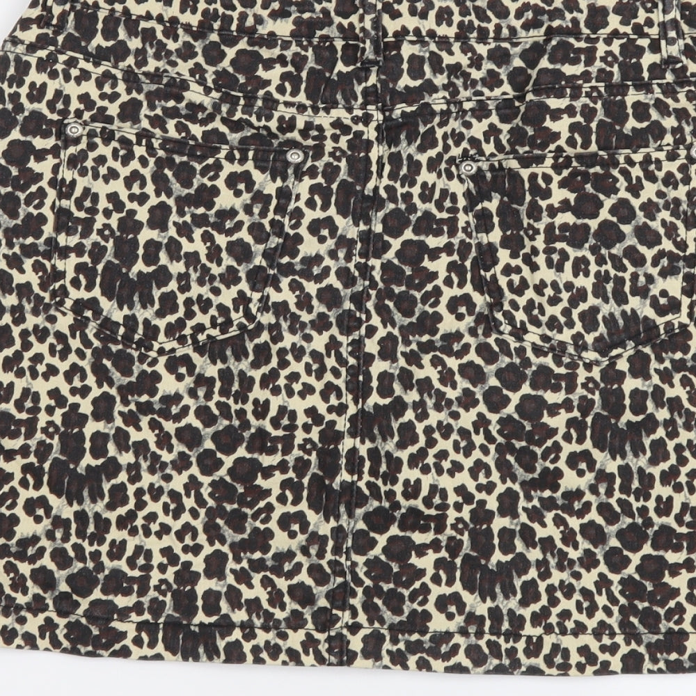 PRETTYLITTLETHING Womens Beige Animal Print Cotton Mini Skirt Size 14 Button - Leopard pattern
