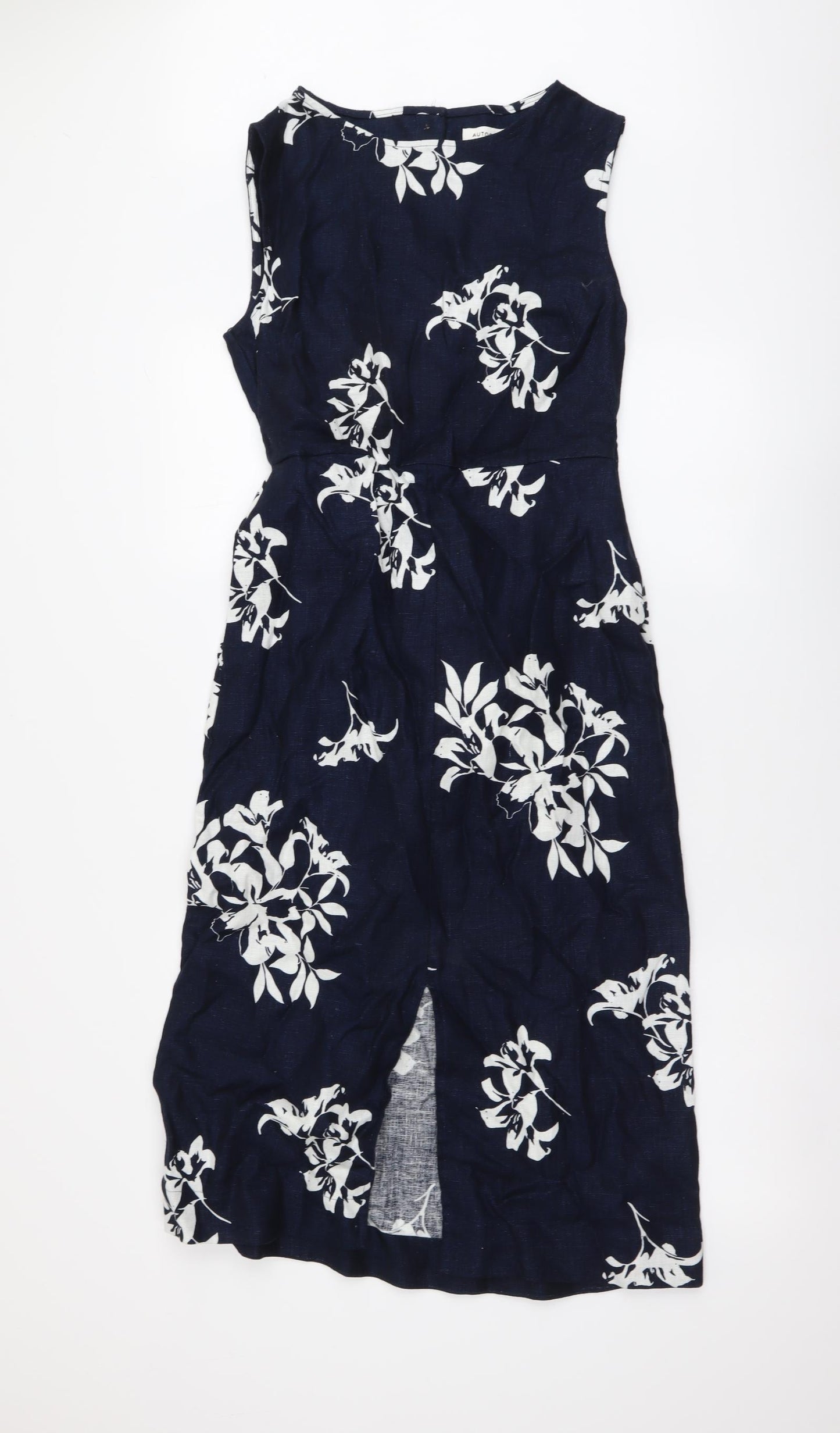 Autograph Womens Blue Geometric Linen A-Line Size 10 Round Neck Button