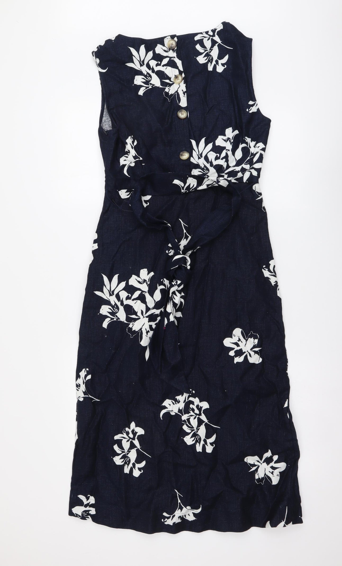 Autograph Womens Blue Geometric Linen A-Line Size 10 Round Neck Button