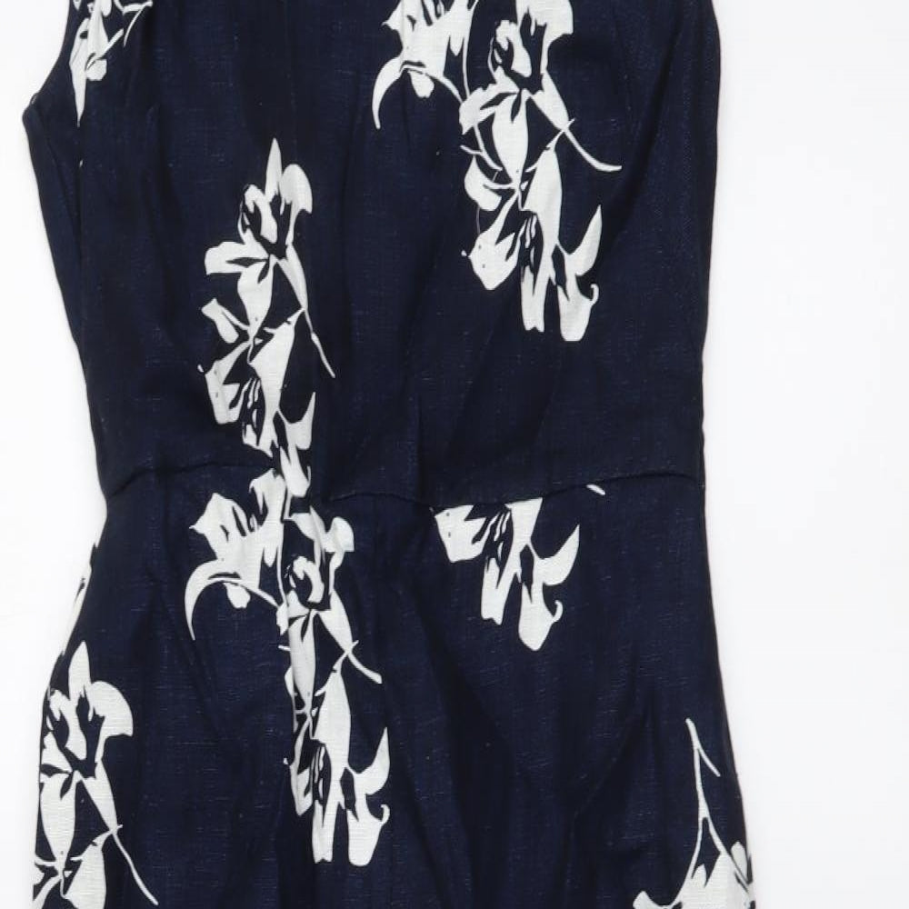 Autograph Womens Blue Geometric Linen A-Line Size 10 Round Neck Button