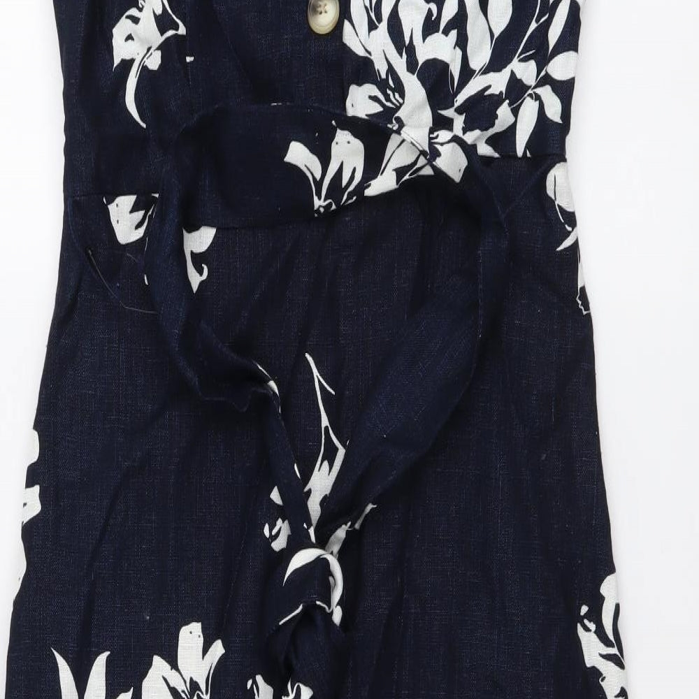 Autograph Womens Blue Geometric Linen A-Line Size 10 Round Neck Button