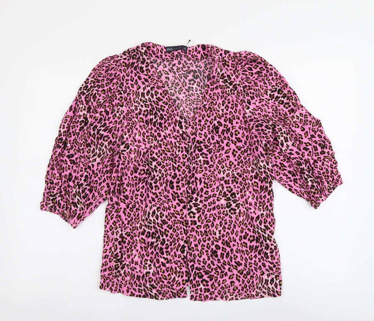 Marks and Spencer Womens Pink Animal Print Polyester Basic Button-Up Size 8 V-Neck - Leopard pattern