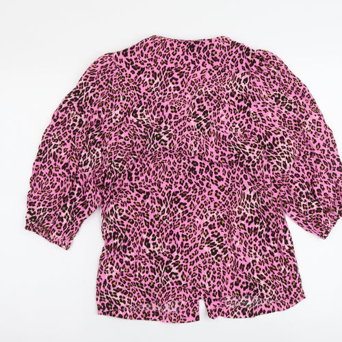 Marks and Spencer Womens Pink Animal Print Polyester Basic Button-Up Size 8 V-Neck - Leopard pattern